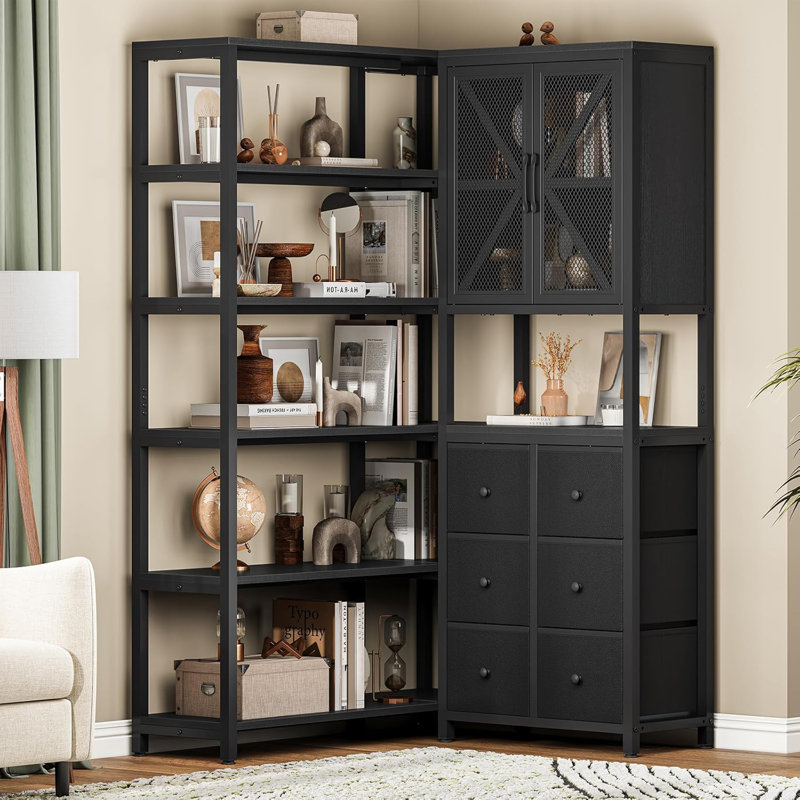 70.9H Bookcase 6 Tier, " Convertible Tall Bookshelf With 6 Fabric Drawers, Black