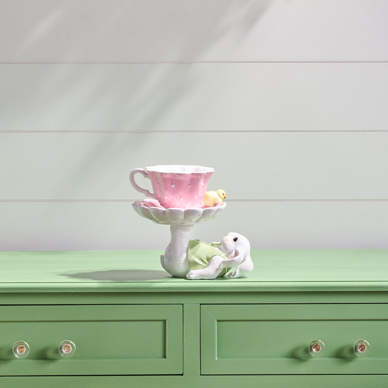 6.5" Resin Bunny With Teacup