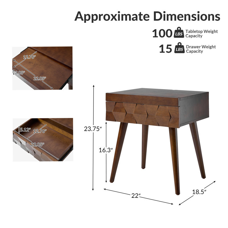 Table de bout en bois manufacturé H 23,75 po avec station de charge Isabele, Noyer