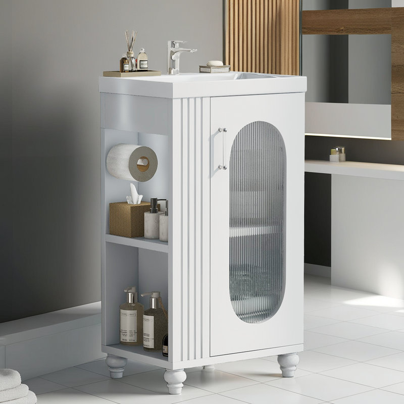 ??20" Space-Saving Bathroom Vanity – Ceramic Sink – Built-In Toilet Paper Holder – Adjustable Shelf – Easy Assembly?, White