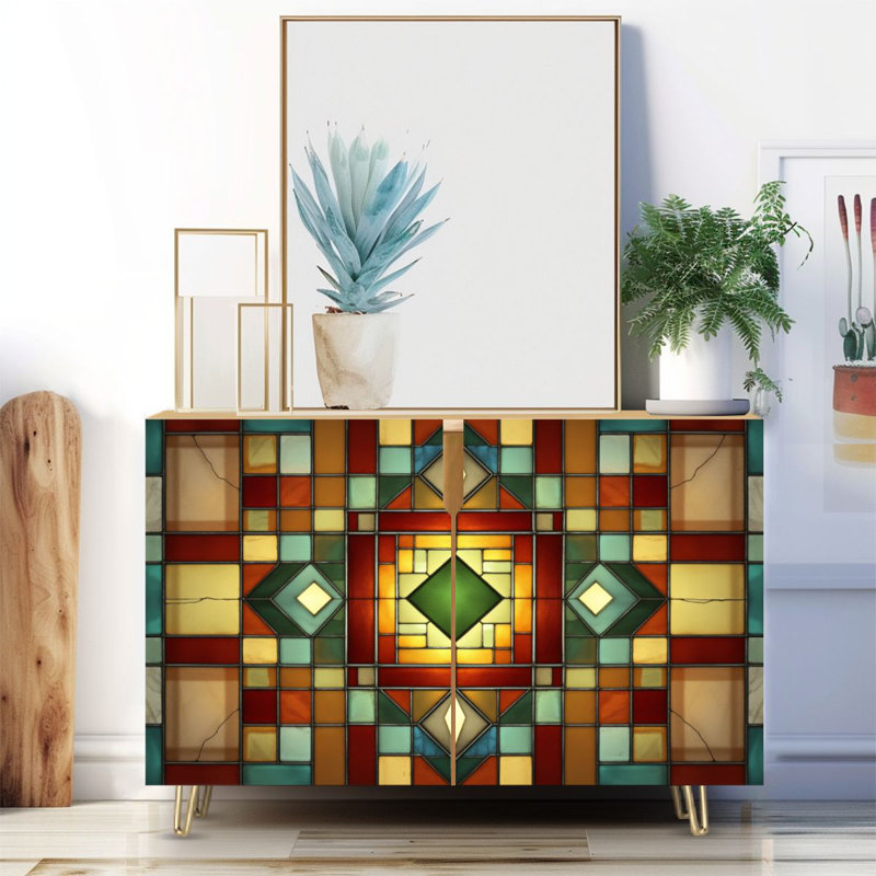 Buffet étroit de 35,4 po de largeur - armoire de rangement d'appoint à 2 portes avec impression abstraite de vitrail sans soudure et pieds en métal