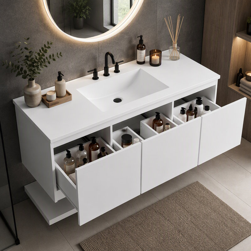 Ensemble de meuble-lavabo flottant mural 48 po avec lavabo composite, 3 tiroirs et tablette ouverte