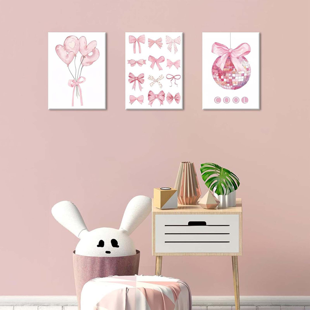 Preppy Pink Bow Canvas Wall Art, Trendy Bows Coquette Room Wall Decor Paintings, Pink Girly Disco Aesthetic Posters Prints Pictures Dorm Bedroom Frame