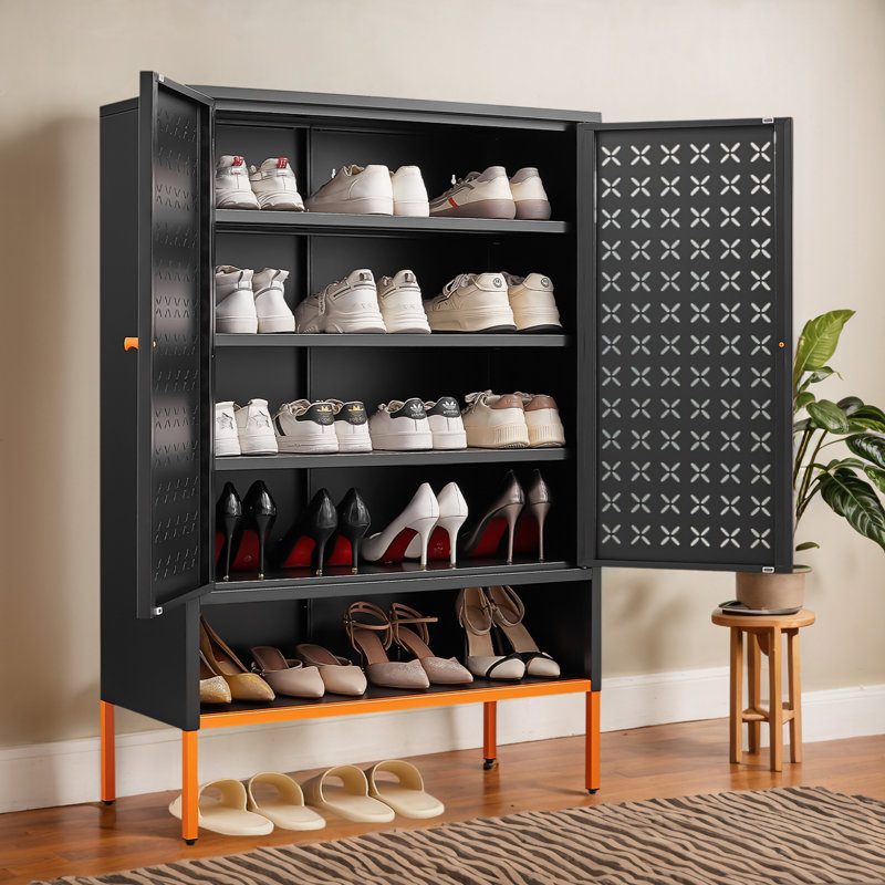 Flexible Storage Shoe Cabinet, Grid Double Doors With Removable Shelves & Raised Base For Enhanced Ventilation, Black