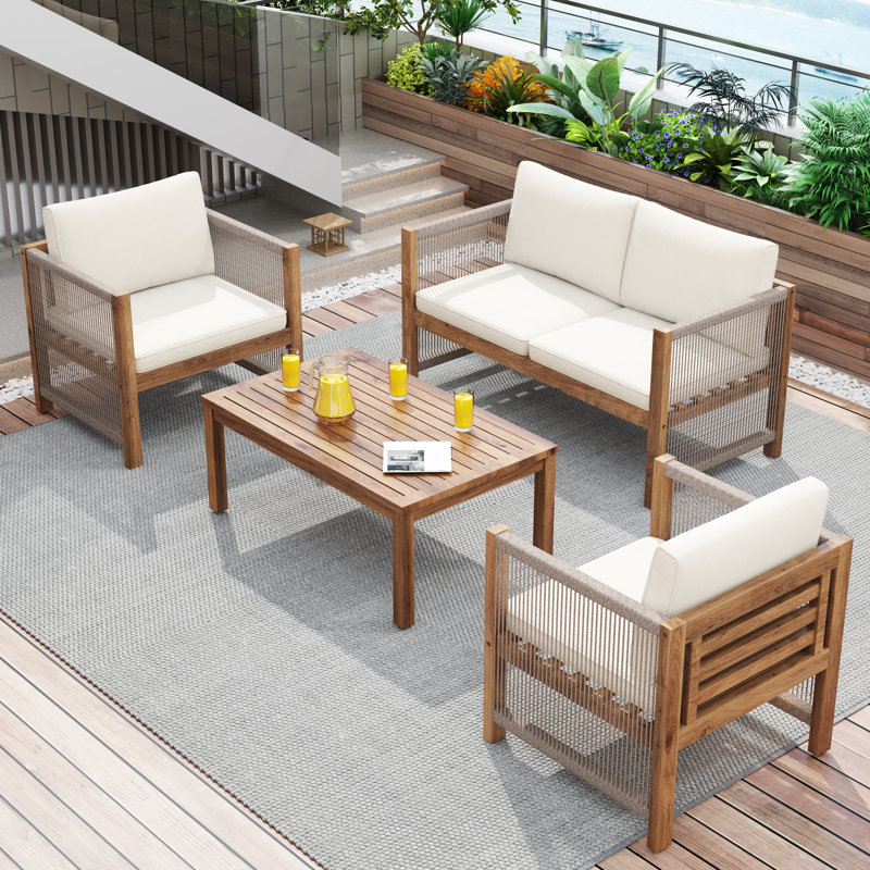 4 - Person Acacia Wood Lounge Set With Cushions, Beige