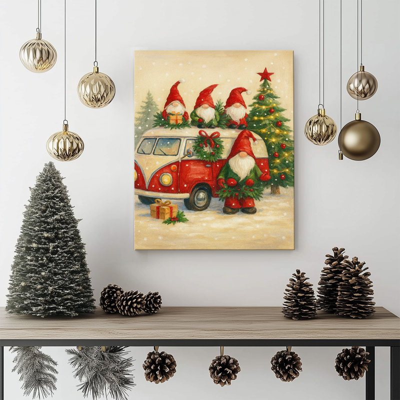 «P&L Art Christmas Gnomes with Retro Van», reproduction d'art sur toile encadrée, H 30 po x l 24 po