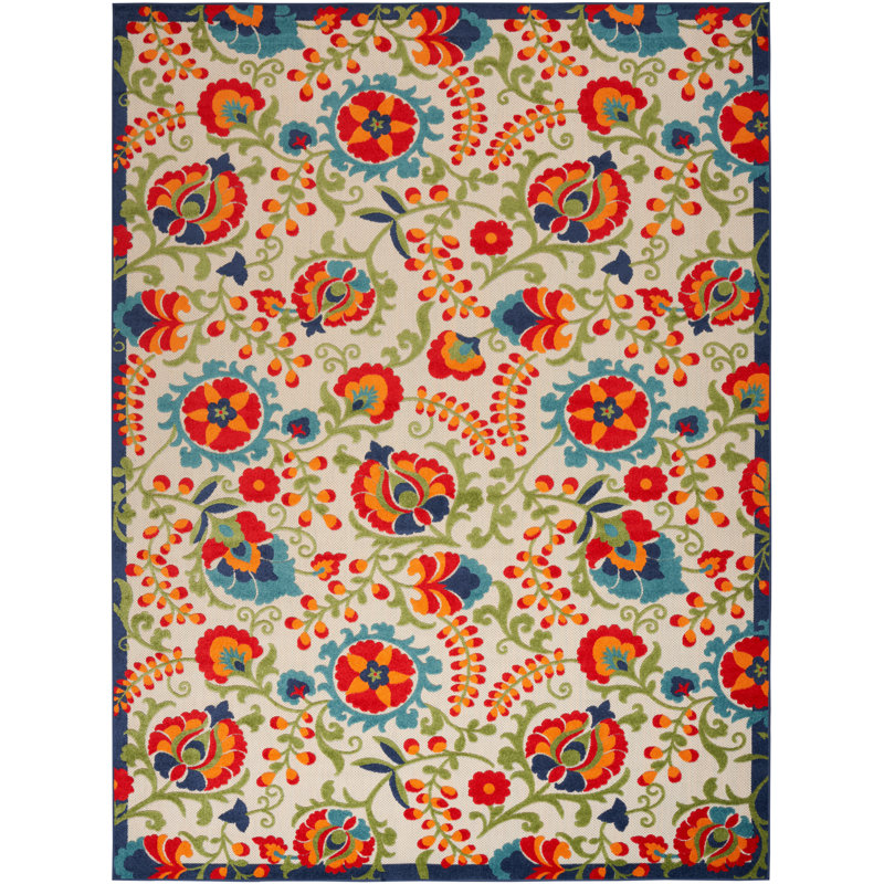 Tapis intérieur/extérieur Bernia floral ivoire/rouge/vert, Rectangle de 10 pi x 14 pi