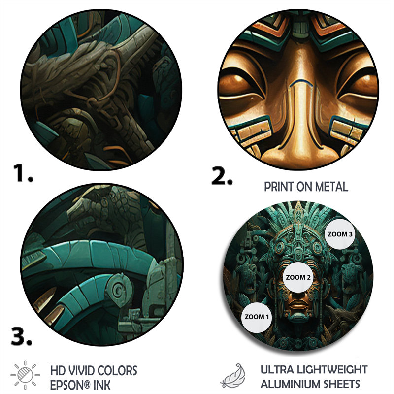 Maya Magic Aztec Mask I - Art rond en métal, H 16 po x l 16 po