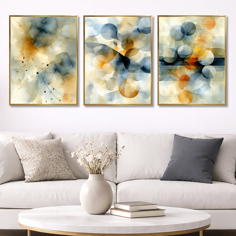 Décoration murale céleste géométrique 3 pièces, Cadre flottant doré, H 32 po x l 72 po