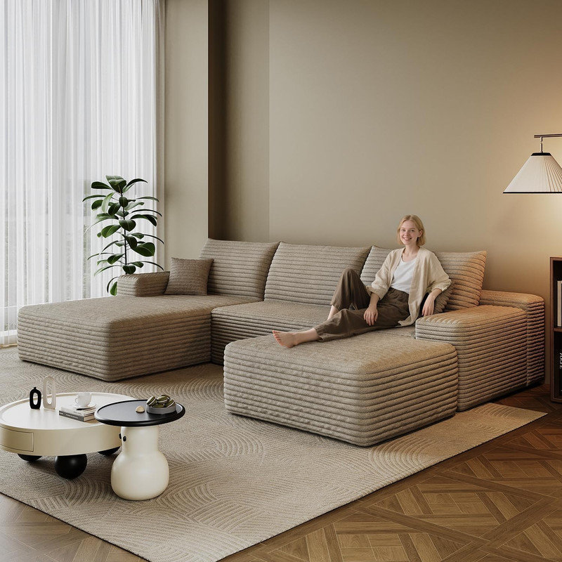 Boneless 107.5" Boneless Sectional Couch Modern Modular U - Shape Corduroy Upholstered Sofa for Living Room - Deep Seat with Chaise and Ottoman(Green, 2 Seater+Left Facing Chaise+Ottoman)