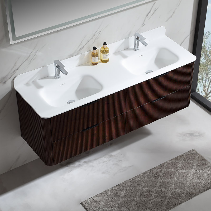 Meuble-lavabo mural flottant avec plateau en acrylique, Noyer, 60"