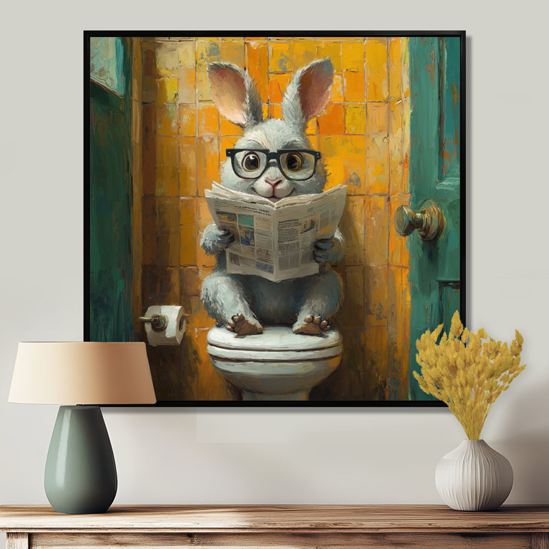 Kenalee lapin avec des lunettes dans la toilette II - lapin, décoration murale, Impression encadrée flottante