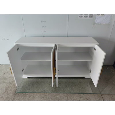 Buffet moderne en rotin 4 portes, grande console de rangement, tablette fixe, poignées en métal - café, crédence pour le salon, la salle à manger, la cuisine, l'entrée