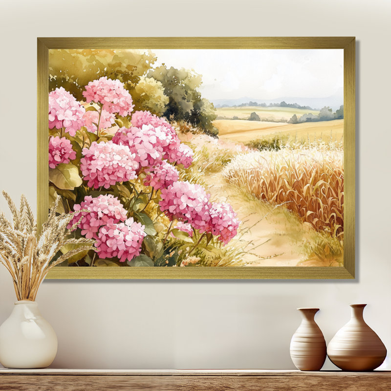 Hortensias dans le champ de maïs - hydrangées, décoration murale, Reproduction encadrée d'une seule photo sans pass, Doré