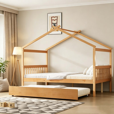 Lit double en bois naturel avec lit gigogne, lit plateforme pour enfants avec toit et rails de sécurité