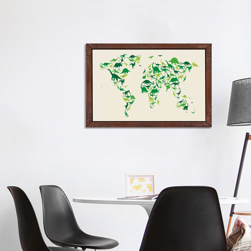 Dinosaur Map Of The World by Michael Tompsett - Floater Frame Print on Canvas, 101.6 cm H x 66.04 cm W, Brown Framed