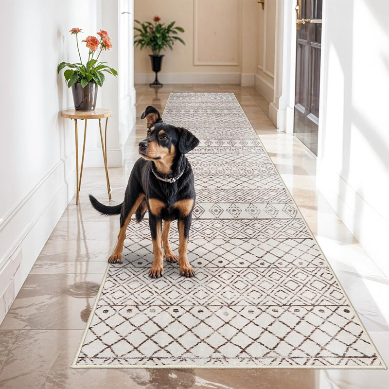 Small Rug Washable - Moroccan Kitchen Area Rugs Low Pile Indoor Mat Non Slip with Rubber Backing Soft Area Rug Pet Friendly for for Entryway Front Door Bedroom Geo Beige