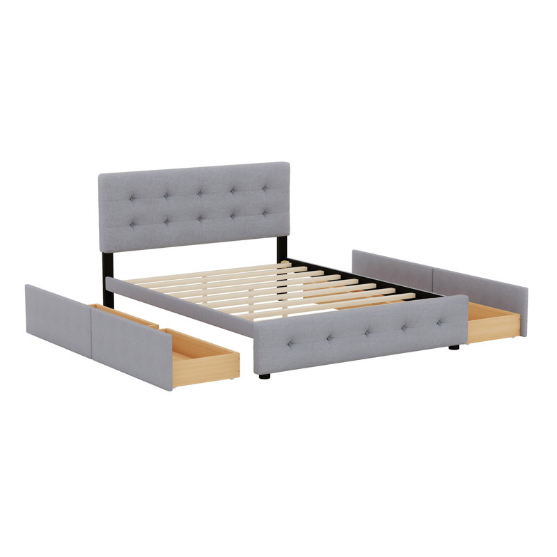 Lit plateforme tapissier avec tête de lit classique et 4 tiroirs