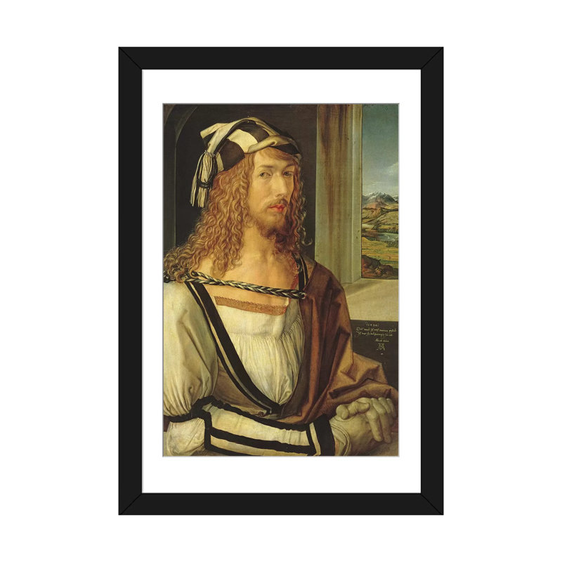 «Self Portrait with Gloves, 1498», impression sur toile tendue, H 32 po x l 24 po x P 1 po, Papier d'art encadré noir, Blanc