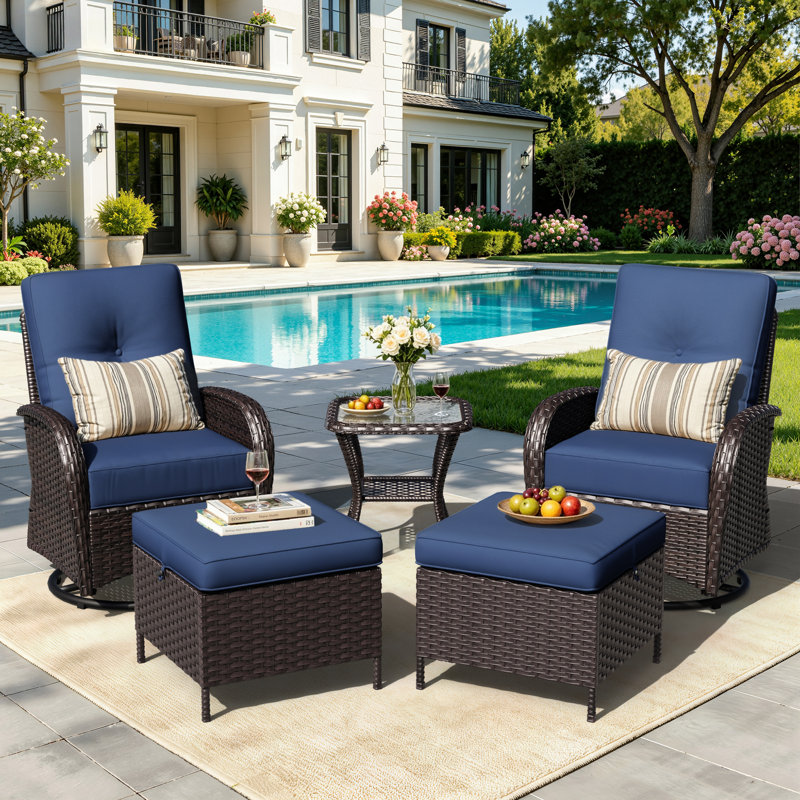 Ensemble de patio pivotant en rotin 5 pièces avec table d'appoint et repose-pieds de rangement Holoman, fauteuils inclinables en osier avec coussins