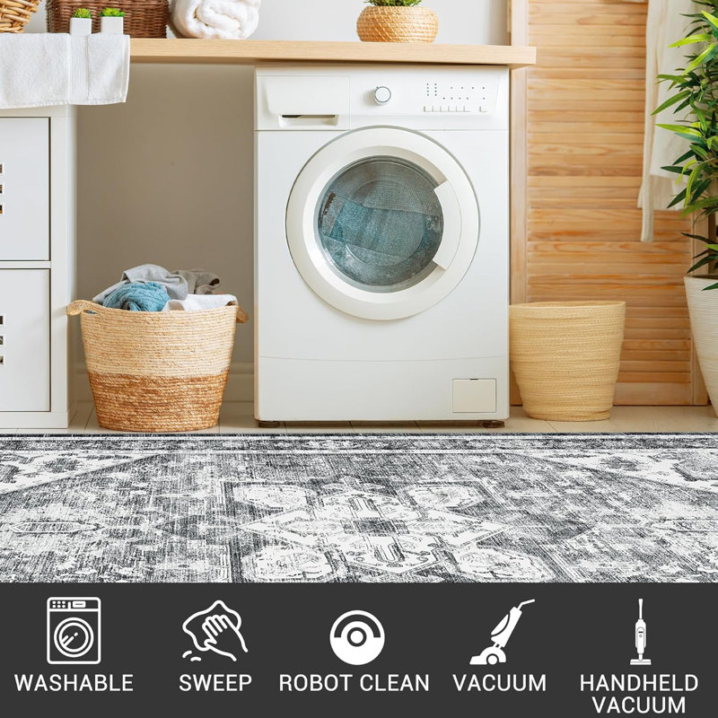 Machine Washable 5x7 Ft Vintage Boho Floral Rug, Non-Slip, Low Pile for Living Room/Bedroom/Entryway/Dining Room/Office 