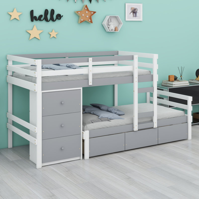 Lit superposé Loft avec tiroirs et échelle, gris