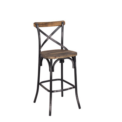 Chaise de bar en noir et chêne antique - dossier haut, style rétro, siège en bois au fini noyer, bois métallique, pieds et repose-pieds évasés, capacité de charge de 220 lb avec look, stable