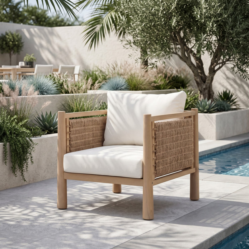 Chaise de patio d'extérieur en bois avec accoudoirs en osier tissé PE brun clair et beige