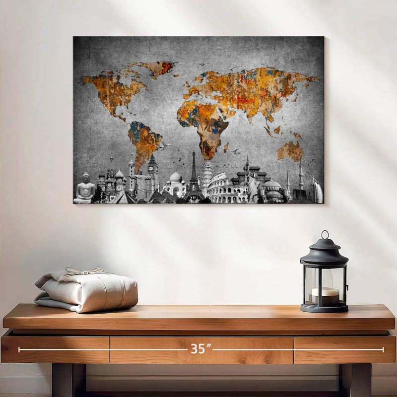 Impression sur toile, "Carte du monde colorée", H 16 po x l 24 po x P 1,25 po