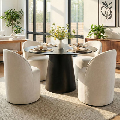 4 - Person Dining Table Sets With 52'' Solid Round Table & 4 Upholstered Chenille Swivel Chairs