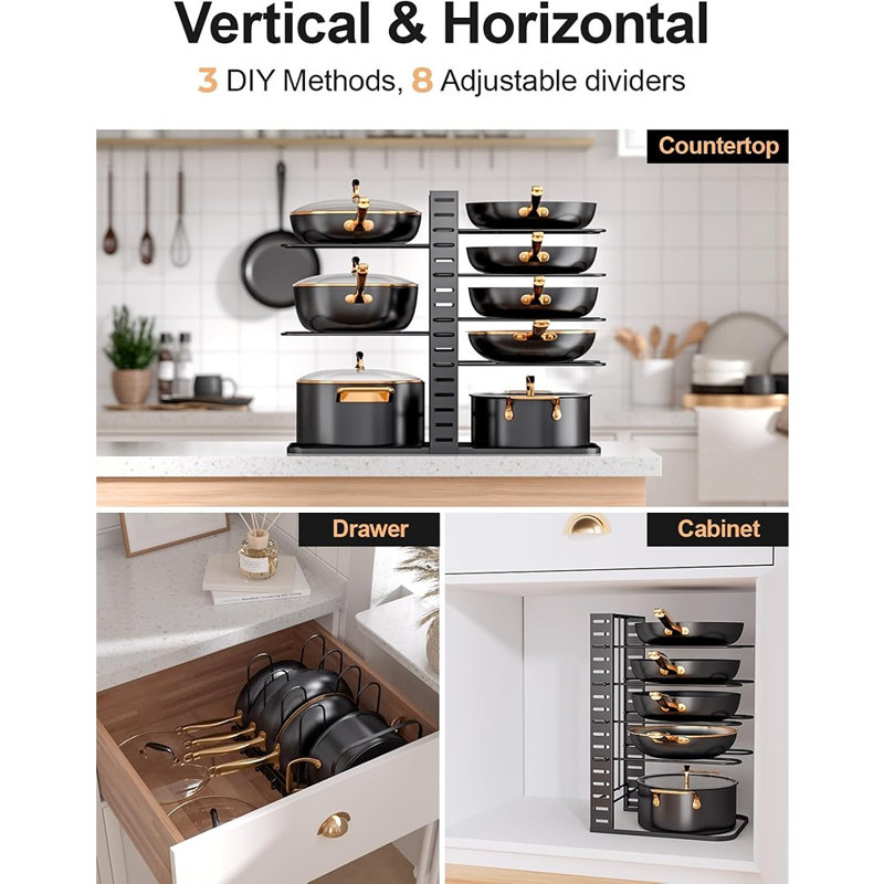 Support réglable pour casseroles et poêles, porte-couvercle à 8 niveaux avec 3 méthodes d'installation, armoire de cuisine et rangement pour garde-manger