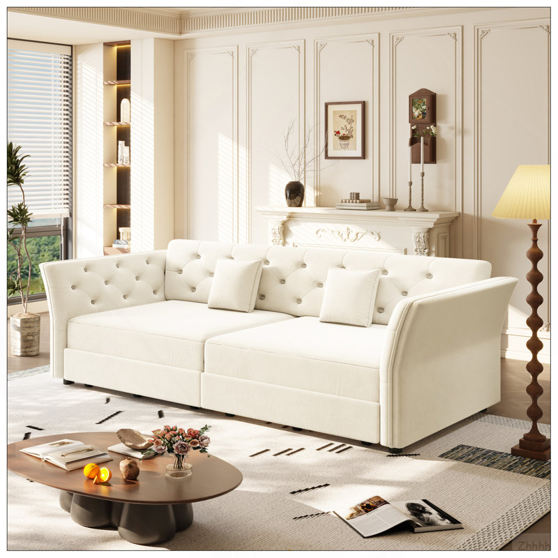 Grand canapé-lit coulissant de 74,4 po, canapé-lit convertible avec motif capitonné en tissu fait à la main, causeuse en velours multifonctionnel pour salon, chambre à coucher, appartement, beige / blanc