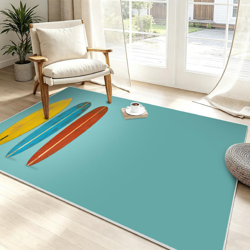 Yellow Vintage Surfboard Color Flat Surf Board Beach Wood Studio Banner Blue Machine Washable Indoor Area Rug