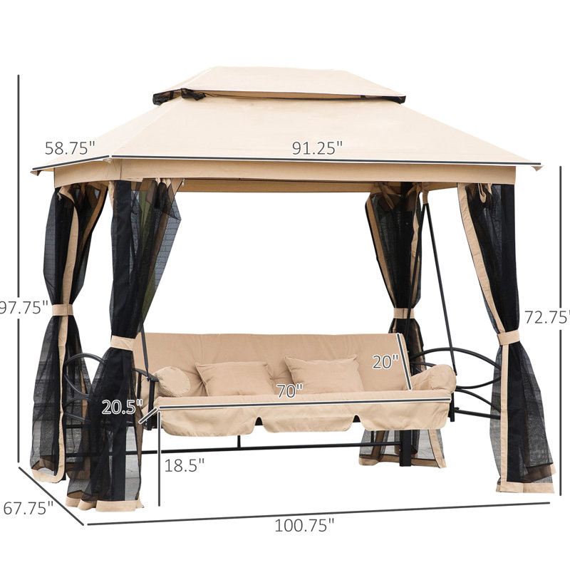 Balancelle de patio pour 3 personnes, beige, 2 auvent, parois latérales en filet, siège rembourré, délicat 3 avec auvent à deux niveaux et coussins beiges pour l'extérieur