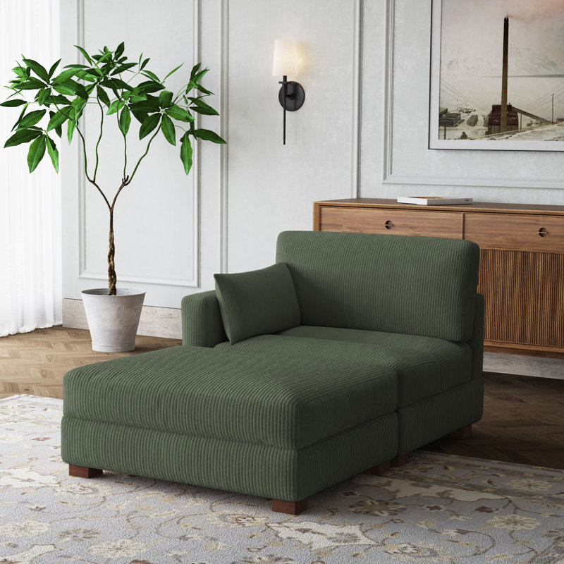 Bentura Oversized Upholstered Green Corduroy Modular Chaise Lounge with Armrests & Throw Pillows, Green, Left Hand Facing