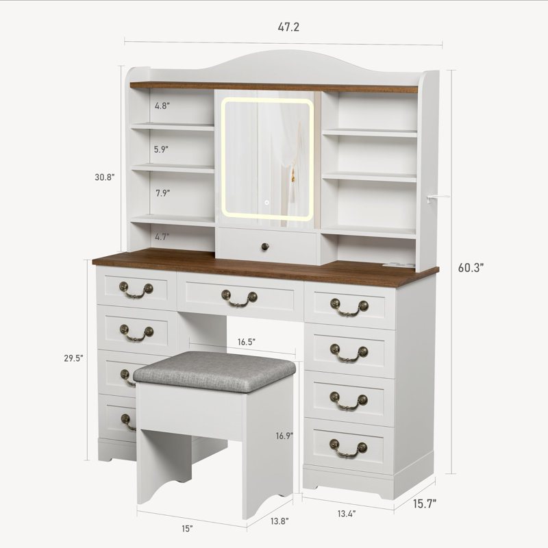 Farmhouse Vanity Desk Set, Makeup Vanity Table with Lights and Mirror, Vintage Make Up Dressing Table for Bedrooms