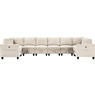 8 Sectional Couch With Storage, Beige Corduroy Upholstery, Side Pockets & Power Charging Living Room Modular Ports, In