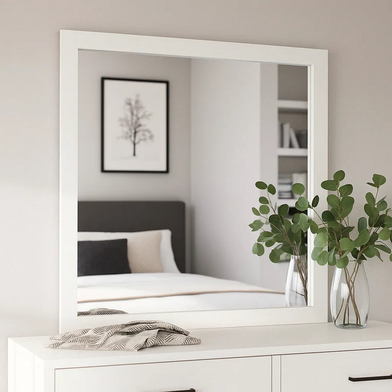 Miroir de commode Dyl, verre biseauté, cadre en bois blanc, carré de 40 pouces