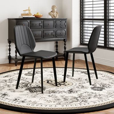 Modern Dining Chair 2pcs Black Metal Leg Faux Leather Upholstered Dining Chair