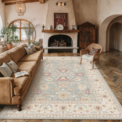 Luna Beige/Blue Machine Washable Oriental Area Rug