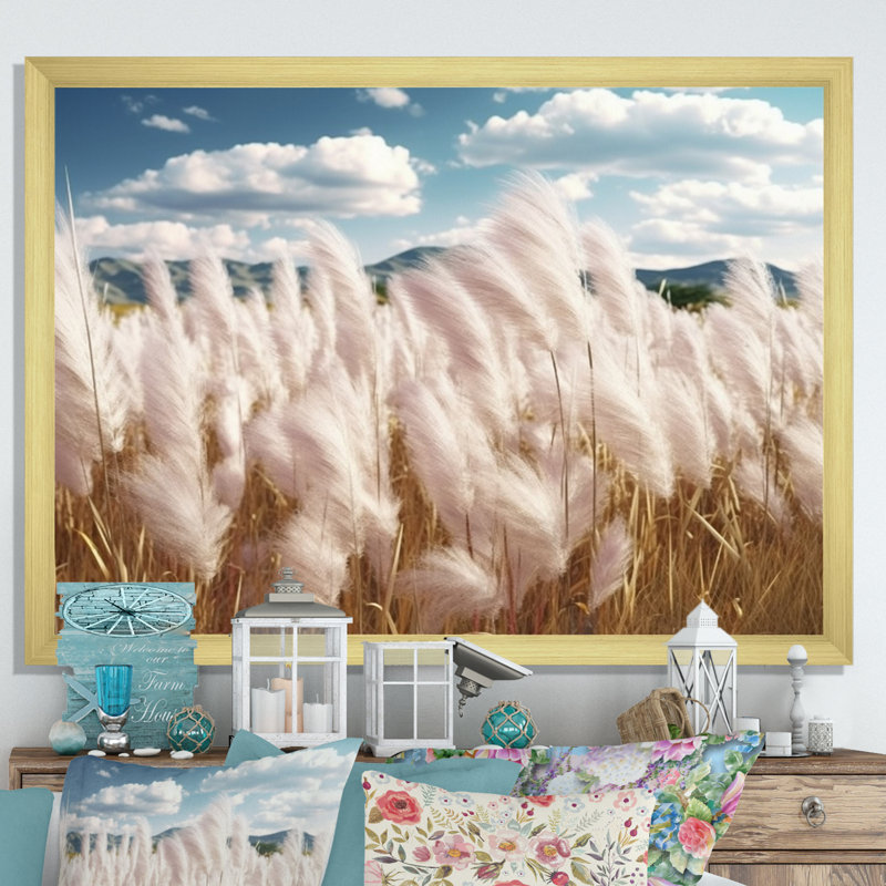 «White Pampas Meadows II» sur toile, Cadre photo doré simple, H 24 po x l 32 po x P 1 po