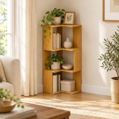 Bibliothèque d'angle modulaire en bambou avec cadre ondulé, rangement ouvert de 2 à 5 niveaux
