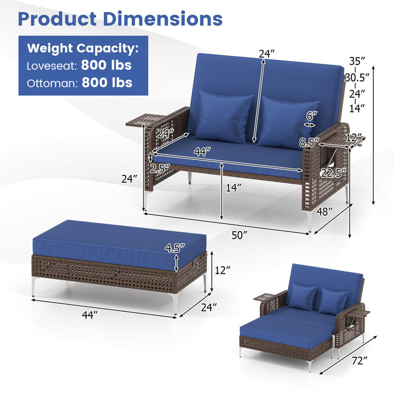 2 causeuse en osier avec repose-pieds avec dossier à 4 niveaux et coussin moelleux, Marine
