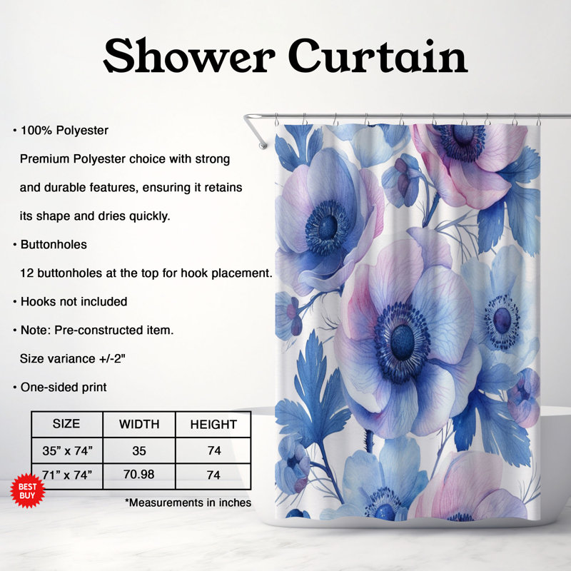 Elegant Anemones - 1 Piece Standard Shower Curtain, 74"H x 71"W