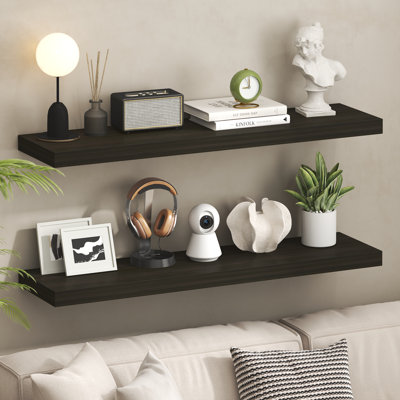 Ensemble de 2 tablettes murales flottantes Furinno TANNA, 2 tablettes murales 12 x 47, tablette flottante murale avec support invisible, tablette de 2 po d'épaisseur, pour salle de bain, salon, chambre à coucher, bureau à domicile, chêne tabac