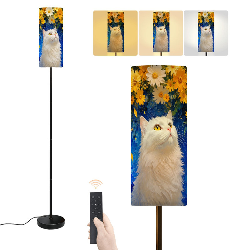 Lampe sur pied blanche avec chat, fleurs jaunes et bleues, entourée d'un lampadaire moderne à intensité variable avec télécommande et interrupteur au pied, abat-jour haut, lampe de coin pour salon, chambre ou bureau