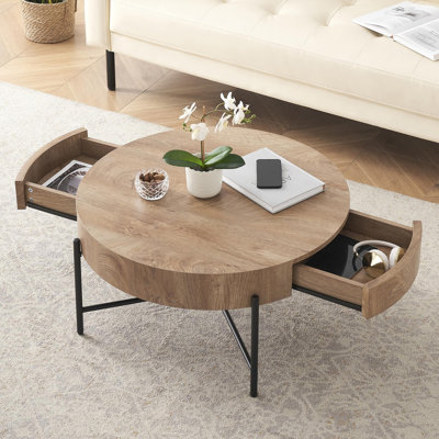 Round Coffee Table with Drawers Farmhouse Coffee Table with Storage Wood Accent Centre Table Natural Coffee Table