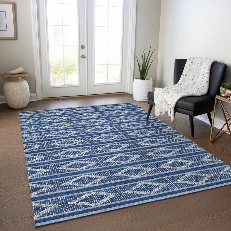 Navy Diamond Pattern Washable Synthetic Rug 2'6" x 3'10"
