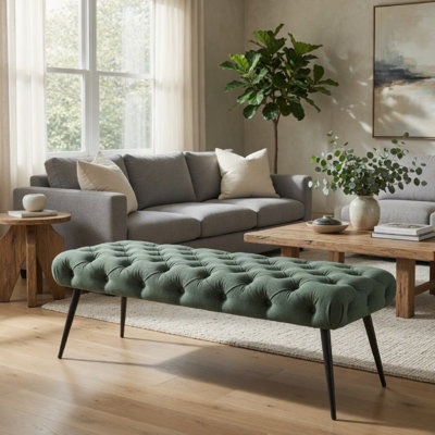 Banc Lila, siège en mousse, tissu touffeté vert sarcelle, pieds noirs de 47 po