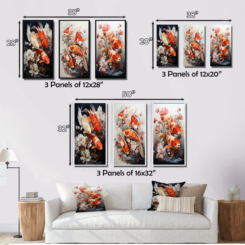 3 Piece Print Set - Fishing Contemporary Koi Fish, Wrapped Canvas, 20" H x 36" W